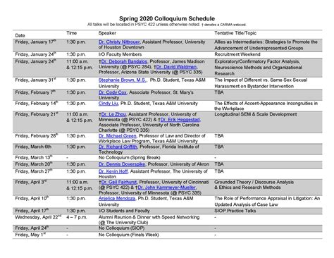 Week View Of Classes With Colloquium Scheduled