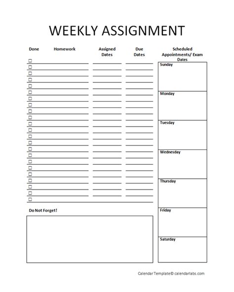 Weekly Assignment Log Template Calendar Design