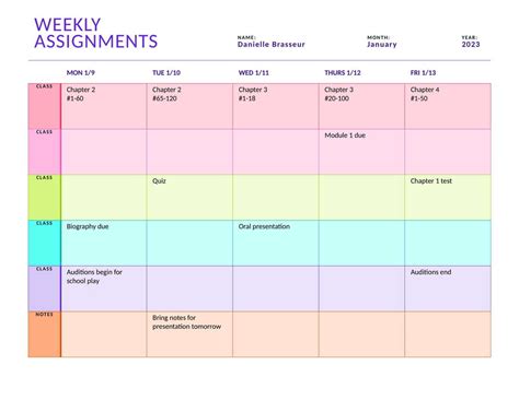 Weekly Assignment Sheet Color Landscape