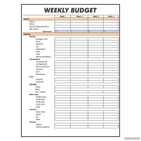 Weekly Budget Worksheet Free Worksheet