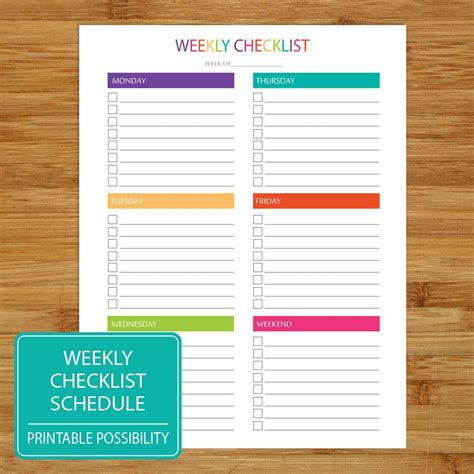 Weekly Checklist Printable Weekly Checklist Brights