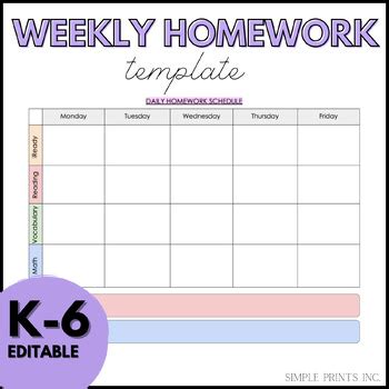 Weekly Homework Assignment Sheet Template Homework Template Weekly Homework Assignment Sheet