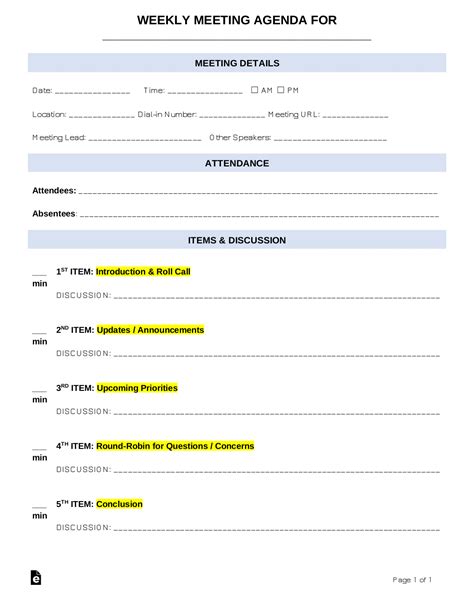 Weekly Meeting Agenda in Word and Pdf formats