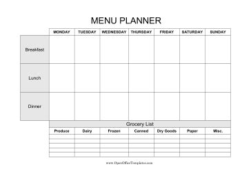 Weekly Menu Planner With Grocery List Openoffice Template