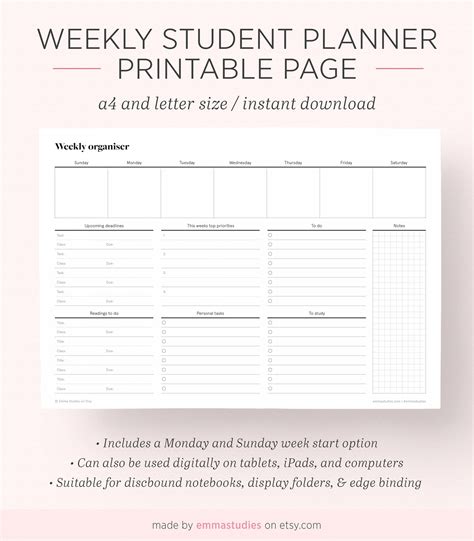 Weekly Student Planner Homework planner Student weekly Etsy