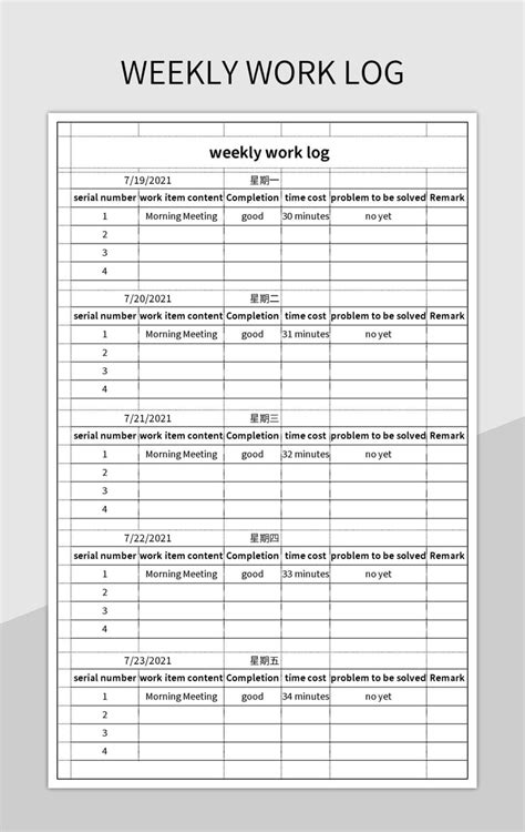 Weekly Work Log Template Excel Excel Templates