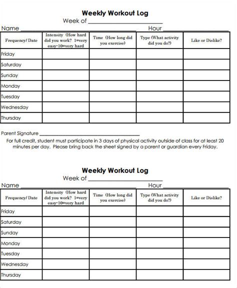 Weekly Workout Log 11+ Examples, Format, Pdf Examples