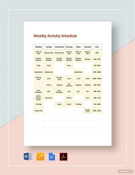 Weekly activity schedule template in Word, Pages, PDF, Google Docs