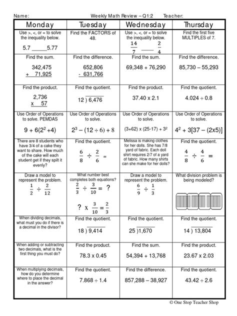 Weekly math review q1 1 answers.  Assess ALL Standards for 5th Grade Math Pacing Guide y 100% ...