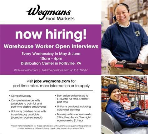 Wegmans jobs hiring. Warehouse Worker. Wegmans Food Markets. Pottsville, PA 17901. $18.00 - $21.75 an hour. 