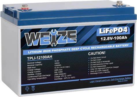 Weize 12v 100ah lifepo4 lithium battery review. First up on our list is Weize’s 100Ah LiFePO4 offering. This battery is well-suited to frequent RV users as it can output 2,000 cycles at 100% DOD and 8,000 at 50% DOD. Additionally, its solid power output (1.2 kWh) to weight (24.4 lbs) ratio makes it a perfect energy storage solution for confined spaces. 