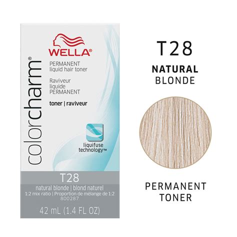 Wella t28. BEIGE SHADES. The beige shades of Wella Colour Charm are. T15 - Pale Beige Blonde. T11 - Lightest Beige Blonde. T27 - Medium Blonde. T35 - Beige Blonde. These are the warmer shades of Wella Colour Charm. Don’t let the word warm scare you - these will still tone brassiness but leave you with a more natural beige result. 
