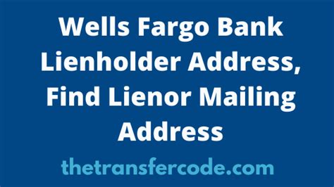 The Wells Fargo Bank lienholder address is 7711 Plantation Rd / Wells Fargo / VA 24019. Hence, if you need the official lienholder mailing address for Wells Fargo Bank, you need to use the address 7711 Plantation Road, Wells Fargo, VA 24019.. 