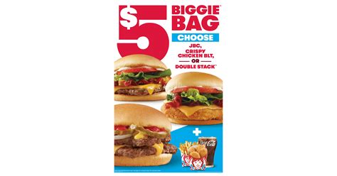  Spicy chicken sandwich with juicy marinated chicken breast, crispy lettuce and tomatoes, fries served hot and crispy, a drink AND the chicken nuggets. Big Deal, Biggie Deal. It's not just a big deal; it's THE biggie deal. Biggie Bag Meal Deal. 