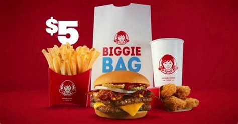 Wendys biggie promo. Dec 21, 2022 · With the Wendy’s Biggie Bag, you can get a sandwich, small fries, 4-piece chicken nuggets, and a small drink or Frosty for only $5. Here’s how much you’ll be saving with each Wendy’s Biggie Bag: Double Stack Biggie Bag: Originally $10.46 — a 52.2% savings. Crispy Chicken BLT Biggie Bag: $10.36 — a 51.7% savings. 