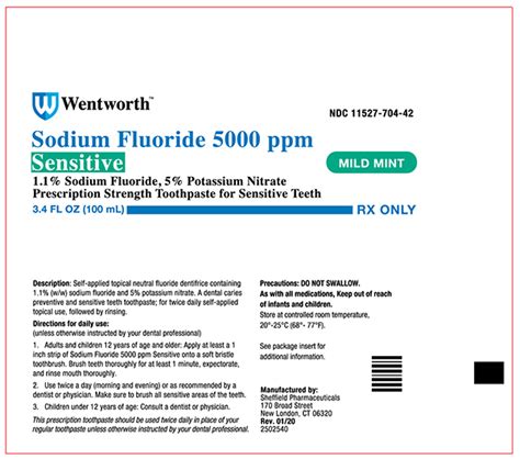 Wentworth sodium fluoride 5000 ppm. Mar 24, 2023 · SF 5000 Plus Description Self-topical neutral fluoride dentifrice containing 1.1% (w/w) sodium fluoride for use as a dental caries preventive in adults and pediatric patients. ACTIVE INGREDIENTS: Sodium Fluoride USP 1.1% (w/w) 