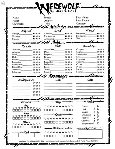 Werewolf Character Sheet