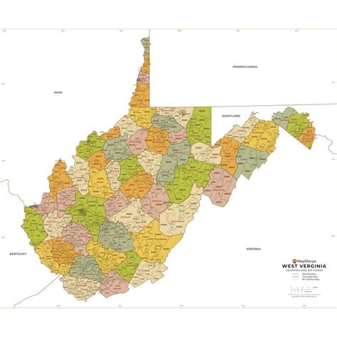 West Virginia Zip Code Map with Counties American Map Store