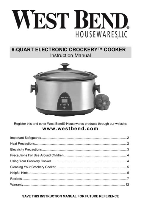 West bend the crockery cooker manual. - At t cordless phone cl82401 manual.