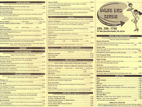 West end diner menu. View the online menu of Summit West Diner and other restaurants in Denville, New Jersey. Summit West Diner « Back To Denville, NJ. 0.69 mi. New American $$ (973) 983-1818. 324 US Hwy 46, Denville, NJ 07834. ... Visit Summit West Diner for a delicious meal and enjoyable dining experience. 