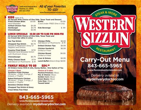 Western Sizzlin nearby at 1924 W Lucas St, Florence, SC: Get restaurant menu, locations, hours, phone numbers, driving directions and more. ... Food Near Me; Cuisine; Nutrition; Free Coupons; Menu With Price. Menu. Western Sizzlin Menu. South Carolina. Florence. 311384. Western Sizzlin Prices in Florence, SC 29501. 4.7 based on 281 votes 1924 W .... 