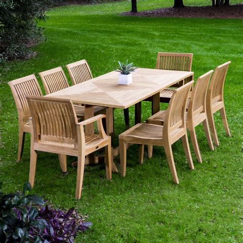 Westminster teak furniture. 9 Piece teak wood dining sets from Westminster Teak available in all shapes and sizes. 9 pc teak dining sets come in round, square, rectangular and oval shapes. Lifetime Warranty in effect for all of our 9 pc teak dining sets. Quality Rated Best Overall by the Wall Street Journal. 