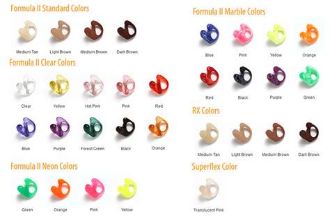Great Lakes Earmold Laboratory can produce many colorful styles in a wide variety of molds. The following are just some of the colors and styles we can create. To view more colors, please visit our Facebook photo gallery. Custom Colors. Lucite Standard Colors. Clear Matte. Clear Gloss. Pink. Flesh.. 