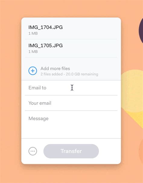 On the WeTransfer screen, you can send files or folders to recipients using a download link sent to their inbox. When you make the first transfer, the remaining transfer quota gets displayed on the screen. Click the plus icon or drag and drop files. Enter both the recipient's and your email address. Then, enter the title and body of the message .... 