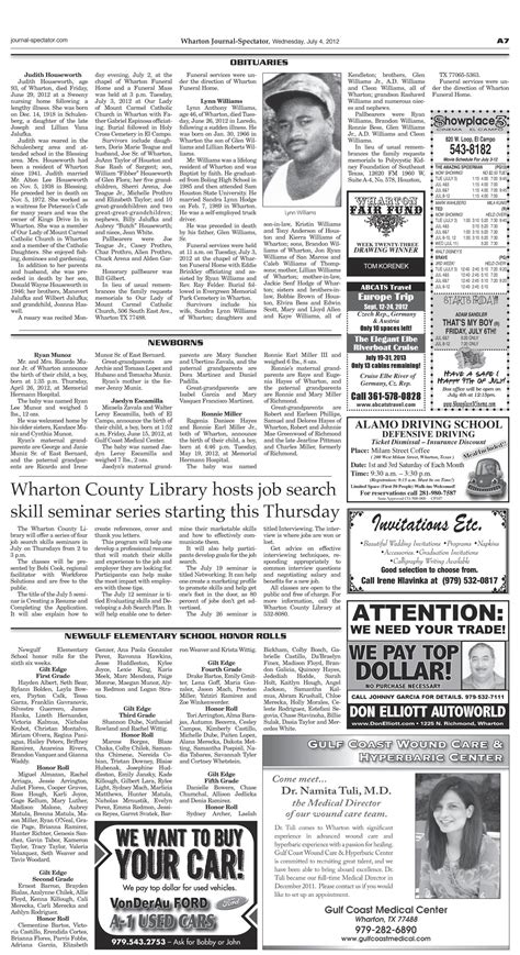 Wharton journal spectator obituaries.  Condolences can be left whartonfune...