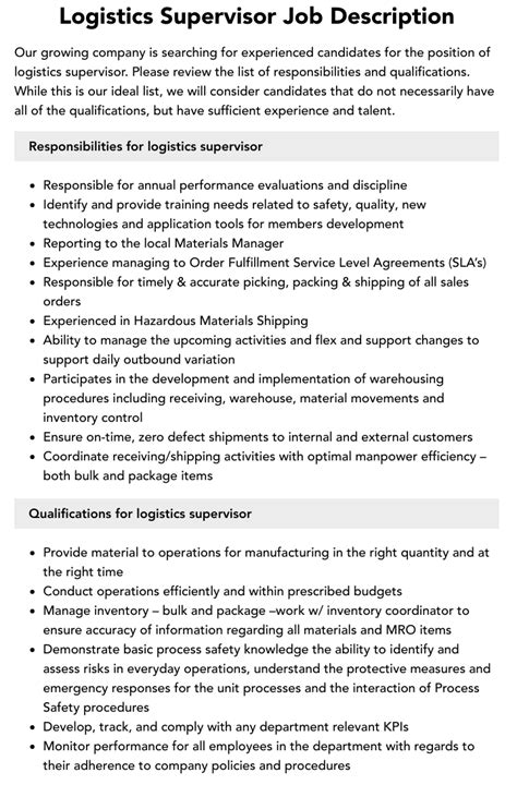 What Are The Duties And Responsibilities Of Logistics Supervisor