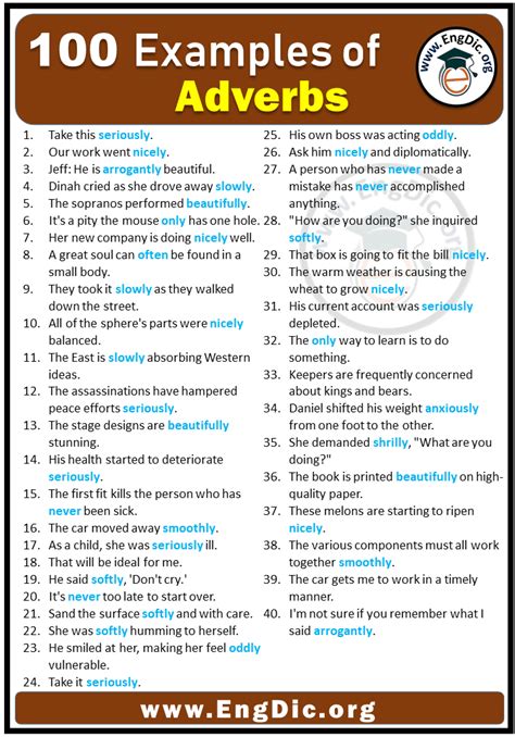What are 20 examples of adverbs in sentences