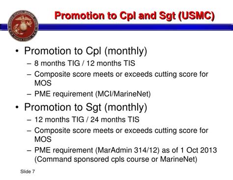 What are the TIS and TIG requirements for promotion to Sgt USMC?