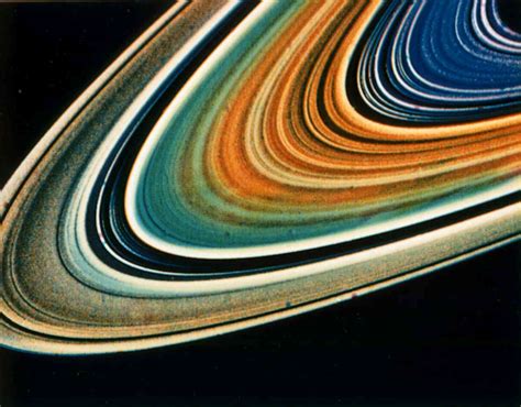 Saturn’s rings are one of the most beautiful sights in the solar system (Figure 12.5. 2 ). From outer to inner, the three brightest rings are labeled with the extremely unromantic names of A, B, and C Rings. Table 12.5. 2 gives the dimensions of the rings in both kilometers and units of the radius of Saturn, R Saturn.. 