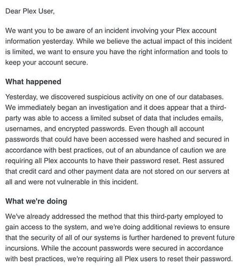 What did Plex suggest about password reset Streaming service data breach reports explored