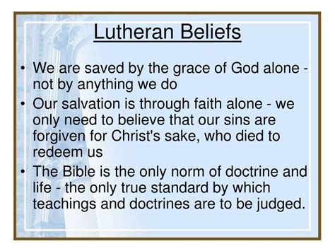 What do lutherans believe. Compare major beliefs of seven different Christian denominations: Anglican / Episcopal, Assembly of God, Baptist, Lutheran, Methodist, Presbyterian, and Roman Catholic. Find out where these faith groups intersect and where they diverge or decide which denomination lines up most closely with your own beliefs. 01. of 15. 