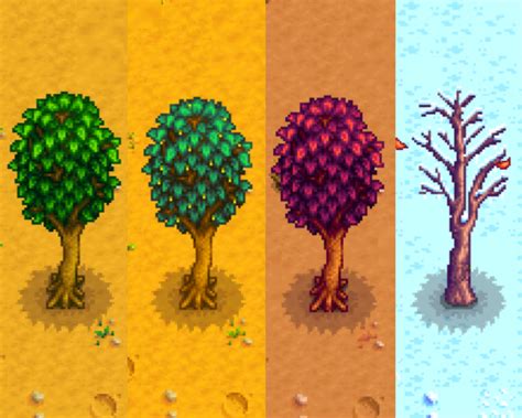 What does a maple tree look like in stardew valley. Apple is a type of fruit in Stardew Valley. It is grown by planting an Apple Sapling, waiting 28 days for it to grow into an Apple Tree, then harvesting the tree during Fall. It is used in the Artisan Bundle in the Pantry, the Fodder Bundle in the Bulletin Board, and as an ingredient used to make Cranberry Candy. Abigail, Alex, Caroline, Clint, Demetrius, Elliott, Emily, Evelyn, George, Gus ... 