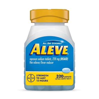 Aleve is a brand-name family of over-the-counter medications intended to relieve pain due to minor arthritis, back pain, muscle pain, menstrual cramps, headache, or the common cold. The active ingredient, naproxen, is a non-steroidal anti-inflammatory drug (NSAID). Aleve price averages $9.07, but a SingleCare Aleve coupon reduces that price .... 