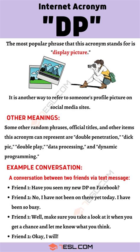 This Internet Slang page is designed to explain what the meaning of DP is. The slang word / acronym / abbreviation DP means... . Internet Slang. A list of common slang words, acronyms and abbreviations as used in websites, ICQ chat rooms, blogs, SMS, and internet forums.. 