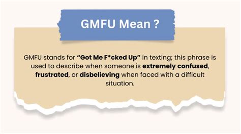 GMFU is an acronym that stands for “got me fucked up.”. It is used to express strong negative emotions or reactions to a particular situation. The term originated in urban slang and gained popularity through its use in rap songs. GMFU is widely used on social media platforms like Instagram to convey a range of emotions, from minor .... 