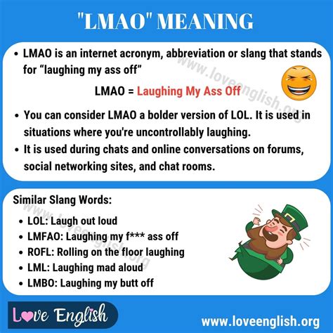 What does lmao mean in texting. This Internet Slang page is designed to explain what the meaning of LMAO is. The slang word / acronym / abbreviation LMAO means... . Internet Slang. A list of common slang words, acronyms and abbreviations as used in websites, ICQ chat rooms, blogs, SMS, and internet forums. 