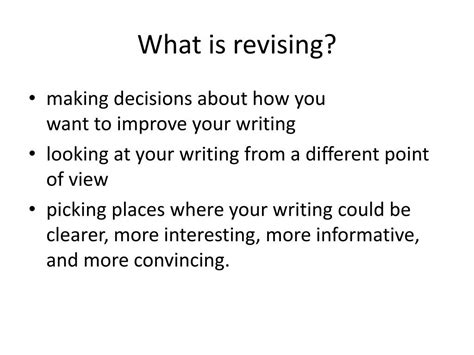 What does revising mean in writing. It also does not clearly account for the need to iterate; sometimes while revising your draft (stage 3), you may have to go back to the planning stage (stage 1) to do additional research, adjust your focus, or reorganize ideas to create a more logical flow. Writing, like any kind of design work, demands an organic and dynamic process. 