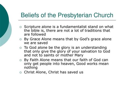What does the presbyterian church believe. The Reformed Presbyterian Church of North America (RPCNA) is a Presbyterian church with congregations and missions throughout the United States, Canada, Japan, and Chile. Its beliefs—held in common with other members of the Reformed Presbyterian Global Alliance —place it in the conservative wing of the Reformed family of Protestant churches. 