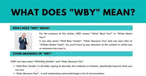 Looking for the definition of WBY? Find out what is the full meaning of WBY on Abbreviations.com! 'Wild Blue Yonder' is one option -- get in to view more @ The Web's largest and most authoritative acronyms and abbreviations resource.