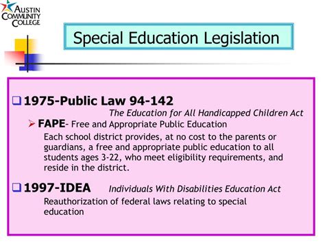In the late 1950s, federal legislation began instituting training programs for special education teachers and specialists; legislation for services such captioned films were …. 