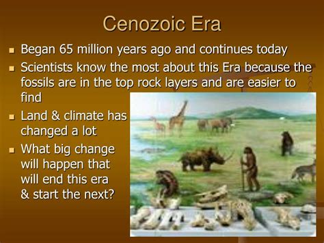 What happened in the cenozoic era. The Quaternary Period is the third and last of the three periods of the Cenozoic Era. You and I are living in this period, which began only 2.58 million years ago. This is less than 0.1% of all of geologic time! A thin layer of sediments deposited during the Quaternary covers much of the Earth’s land surface. 