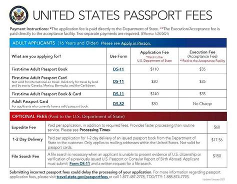 Expedited service costs an additional $60. For information on forms of payment and a full list of fees and services, please see Passport Fees. For expedited processing, a $60 fee is charged in addition to the "Passport" and "Execution" fees. Passport 1 - This fee must be paid by check or money order payable to "Passport Services." . 