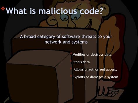 Malicious Code. Malicious code can do damage by corrupting files, erasing your hard drive, and/or allowing hackers access. Which of the following is an example of malicious code? Software that installs itself without the user’s knowledge. Malicious code can mask itself as a harmless e-mail attachment, downloadable file, or website..