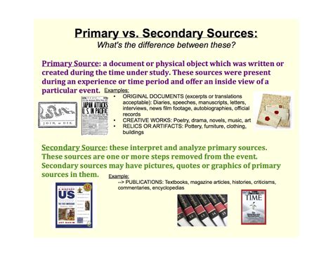 Knowing the difference between primary and secondary sources will help you determine what types of sources you may need to include in your research essay. In general, primary sources are original works (original historical documents, art works, interviews, etc.), while secondary sources contain others’ insights and writings about those ... . 