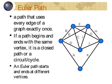 An Euler path (or Eulerian path) in a graph \(G\) is a simple path that contains every edge of \(G\). The same as an Euler circuit, but we don't have to end up back at the beginning. The other graph above does have an Euler path. Theorem: A graph with an Eulerian circuit must be connected, and each vertex has even degree.. 