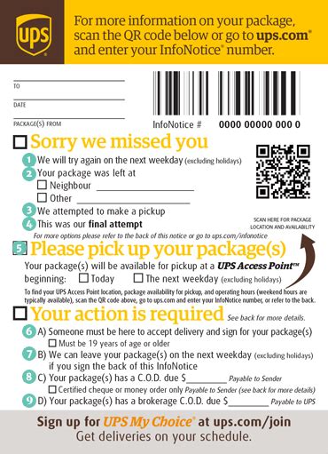 UPS InfoNotice ® Nous sommes désolés de vous avoir manqué(e). Votre conducteur a laissé un avis de passage UPS InfoNotice, car la première tentative de livraison ou d'enlèvement de votre colis a échoué..